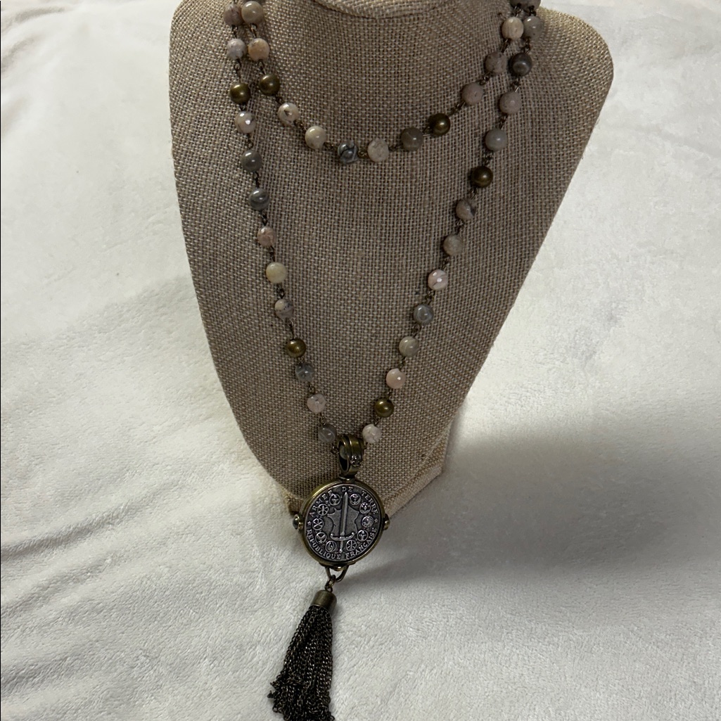 French Kande Multi-Strand Cream And Antique Gold Tassel Necklace